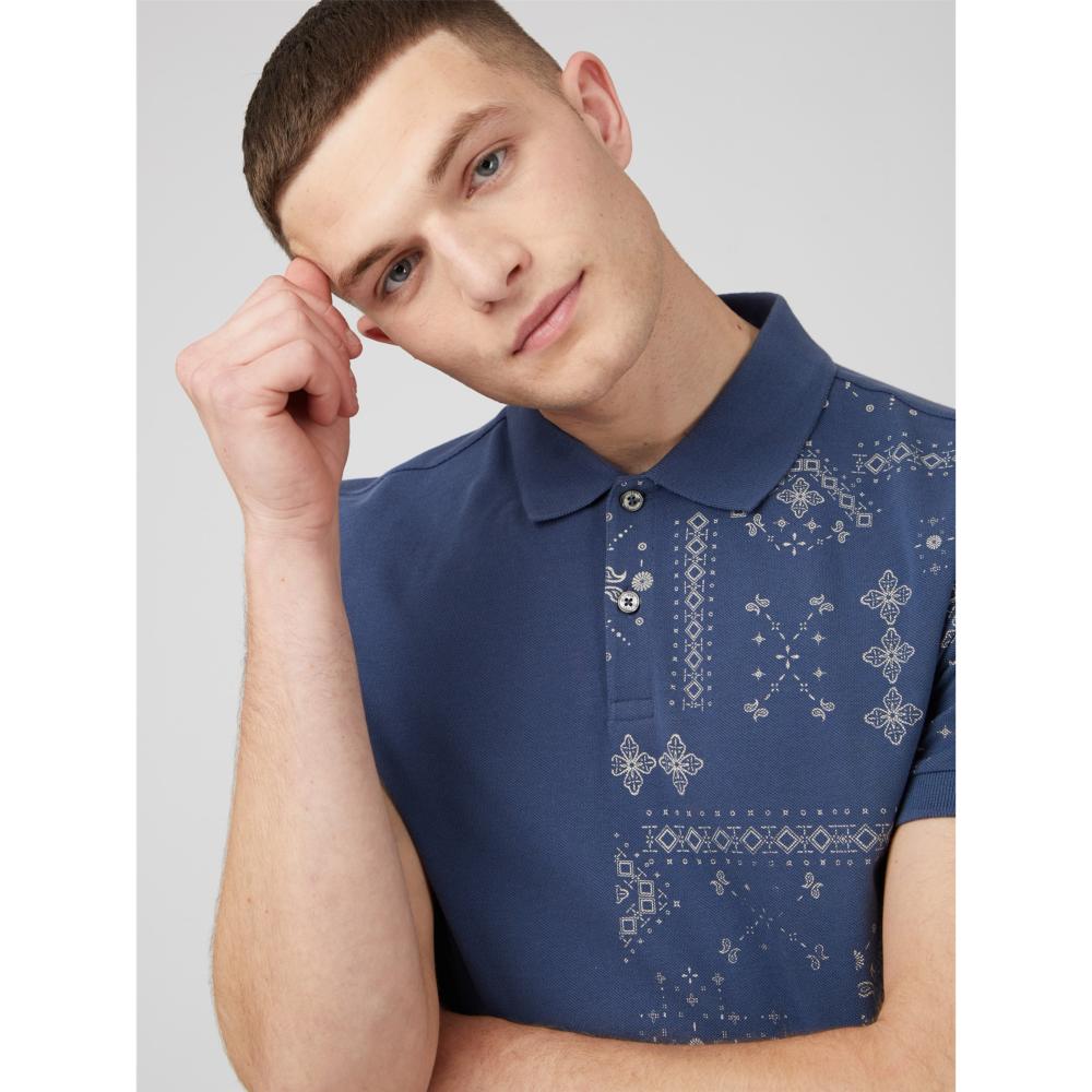 BEN SHERMAN GEO PRINT POLO SHIRT BLUE DENIM