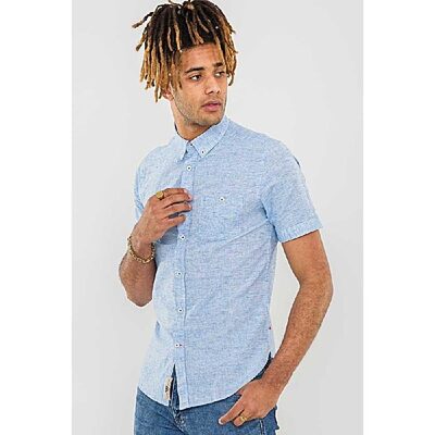 D555 REID LINEN MIX SHORT SLEEVE BUTTON DOWN SHIRT SKY BLUE