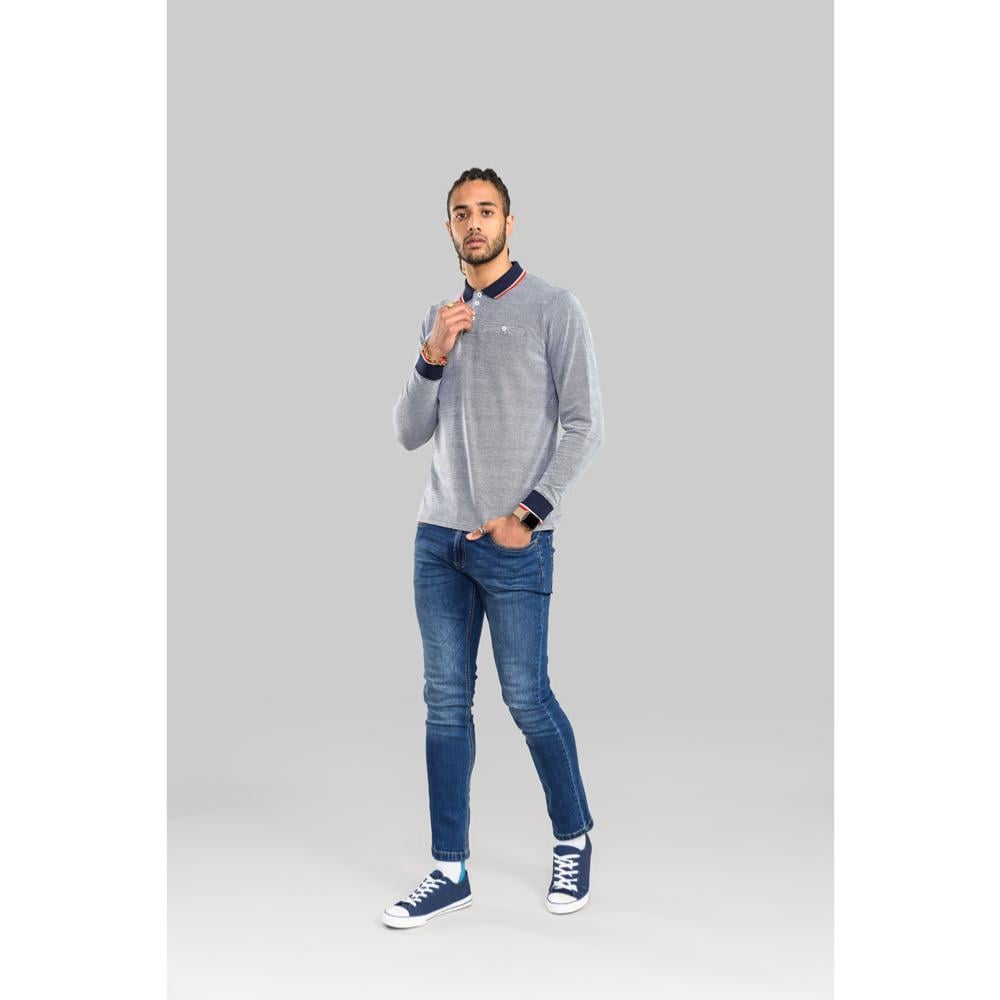 D555 HAWSTEAD LONG SLEEVE POLO WITH TIPPED COLLAR AND CUFFS NAVY
