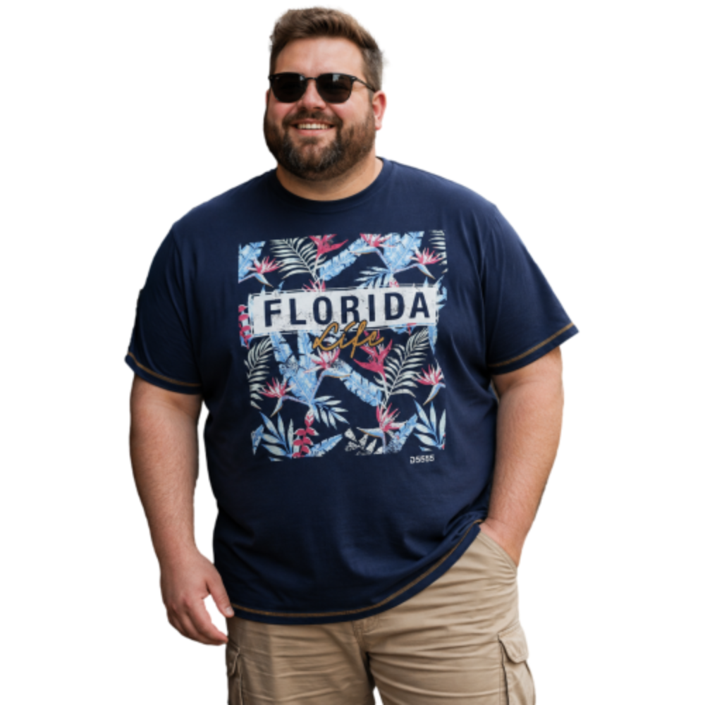 D555 PRESTWICK FLORIDA TROPICAL PRINT NATURAL COTTON TEE SHIRT NAVY