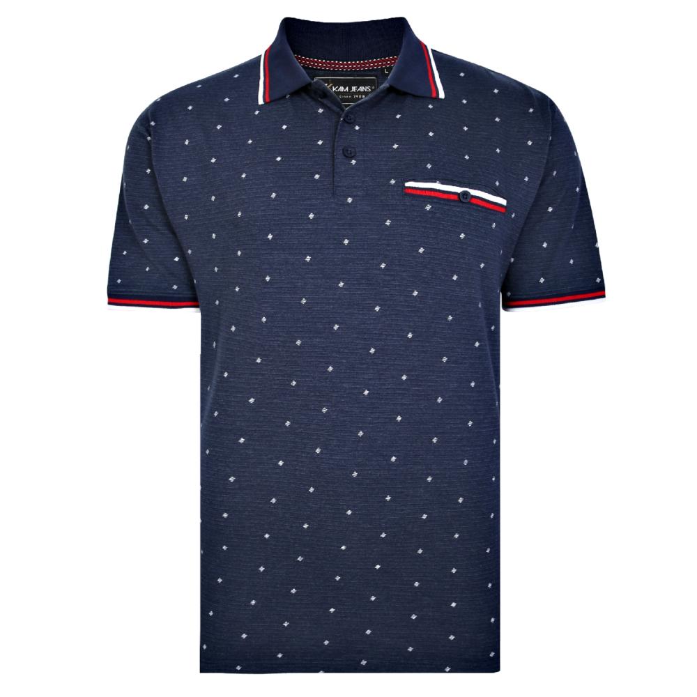 KAM YARN DROP NEEDLE JERSEY POLO WITH DOBBY PRINT NAVY