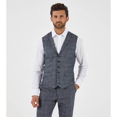 SKOPES ACARO NEW LYFCYCLE SUIT RANGE GREY AND BLUE CHECK WAISTCOAT