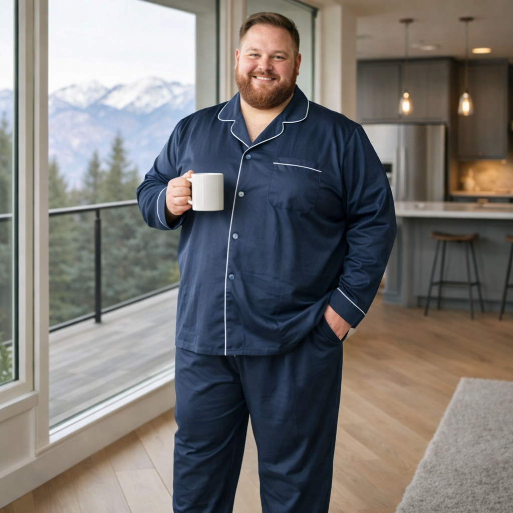Add this item to a confident, stylish fat white man with a warm smile. The shirt design is clear. The man is standing casually in an cool urban setting with soft natural lighting, looking comfortable and cool. The overall vibe is modern, laid-back, a
