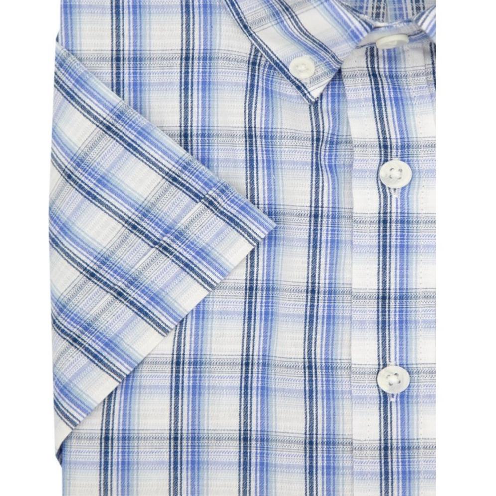 DOUBLE TWO LIFESTYLE CHECK SHORT SLEEVE CASUAL COTTON SHIRT BLUE / NAVY