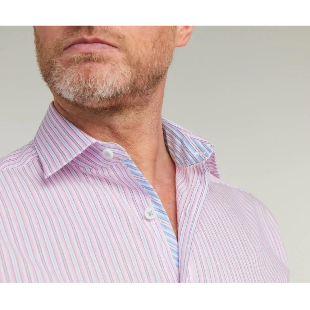 DOUBLE TWO LIFESTYLE MULTI-STRIPED SHORT SLEEVE SHIRT PINK - 5XL CLEARANCE