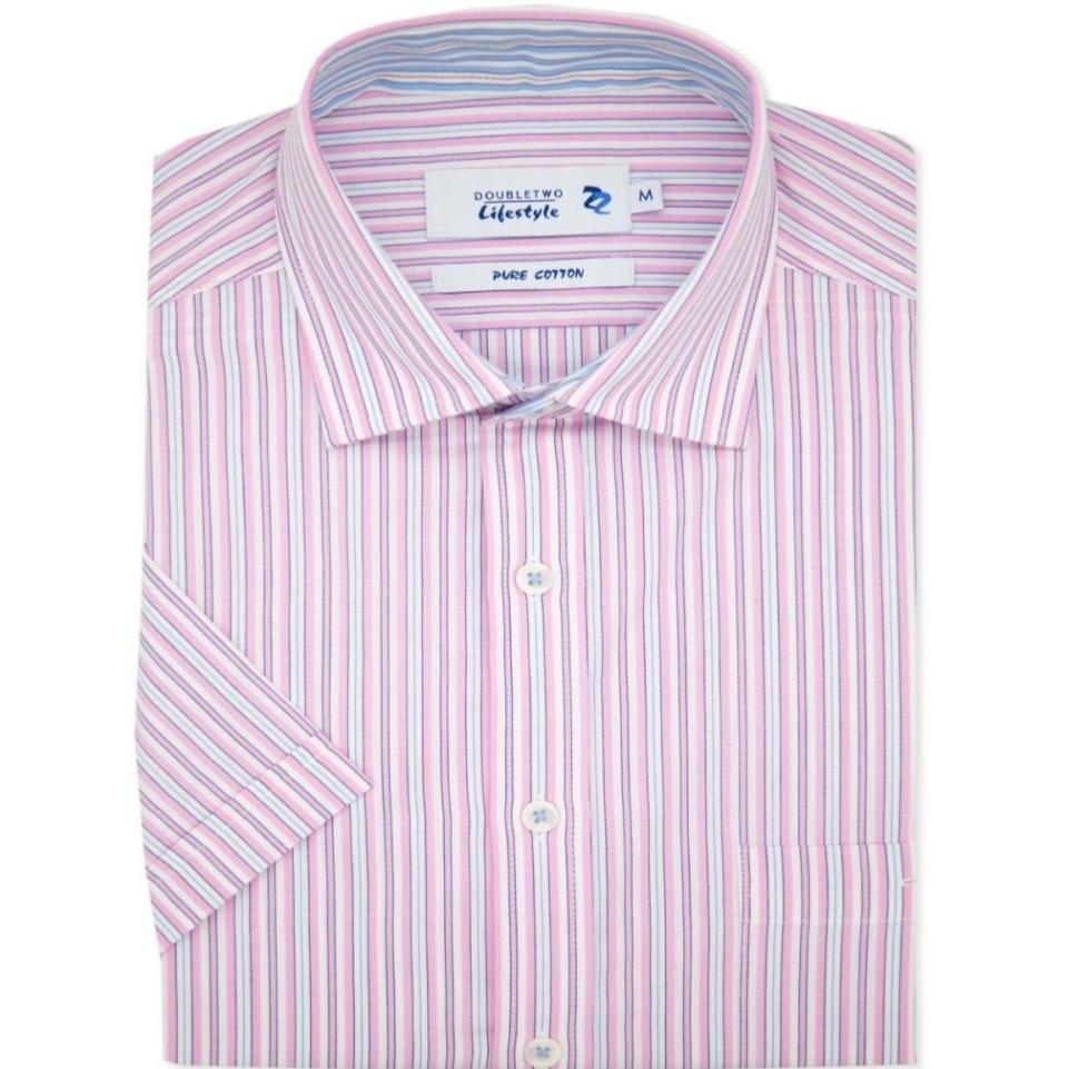 DOUBLE TWO LIFESTYLE MULTI-STRIPED SHORT SLEEVE SHIRT PINK - 5XL CLEARANCE