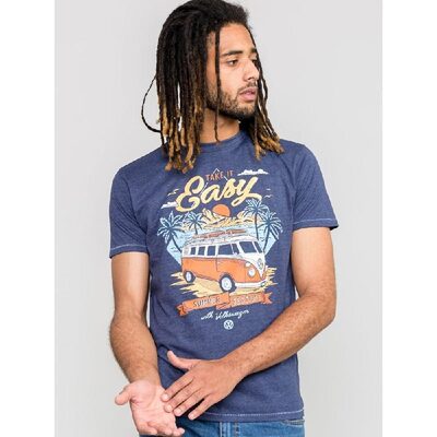 D555 ANGLIA OFFICIAL LICENSED VW CAMPERVAN PRINT T-SHIRT TAKE IT EASY NAVY