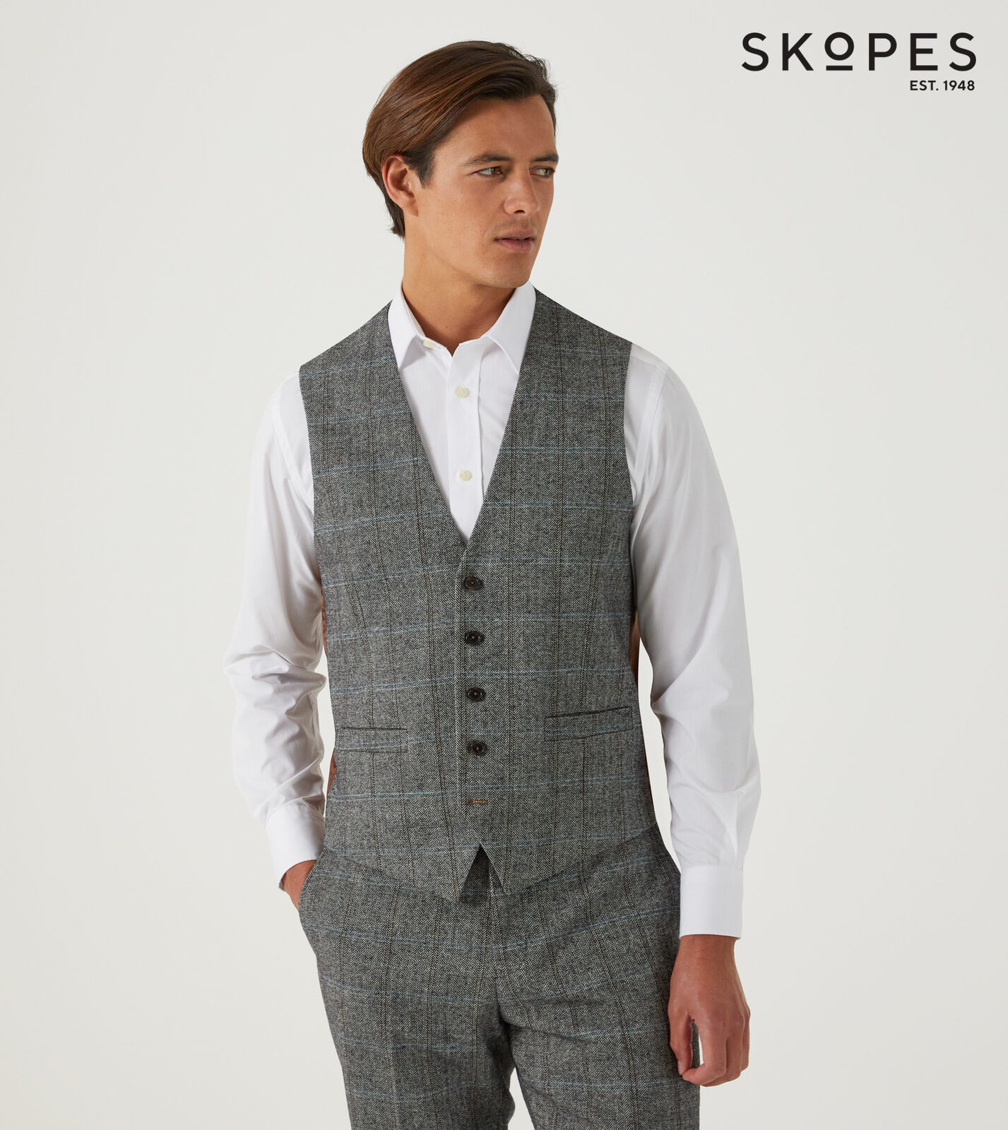 ROWAN - SKOPES WOOL BLEND HERRINGBONE WAISTCOAT WITH OVER CHECK BROWN