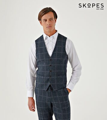 HEATON - SKOPES WOOL BLEND HERRINGBONE WAISTCOAT WITH OVER CHECK NAVY