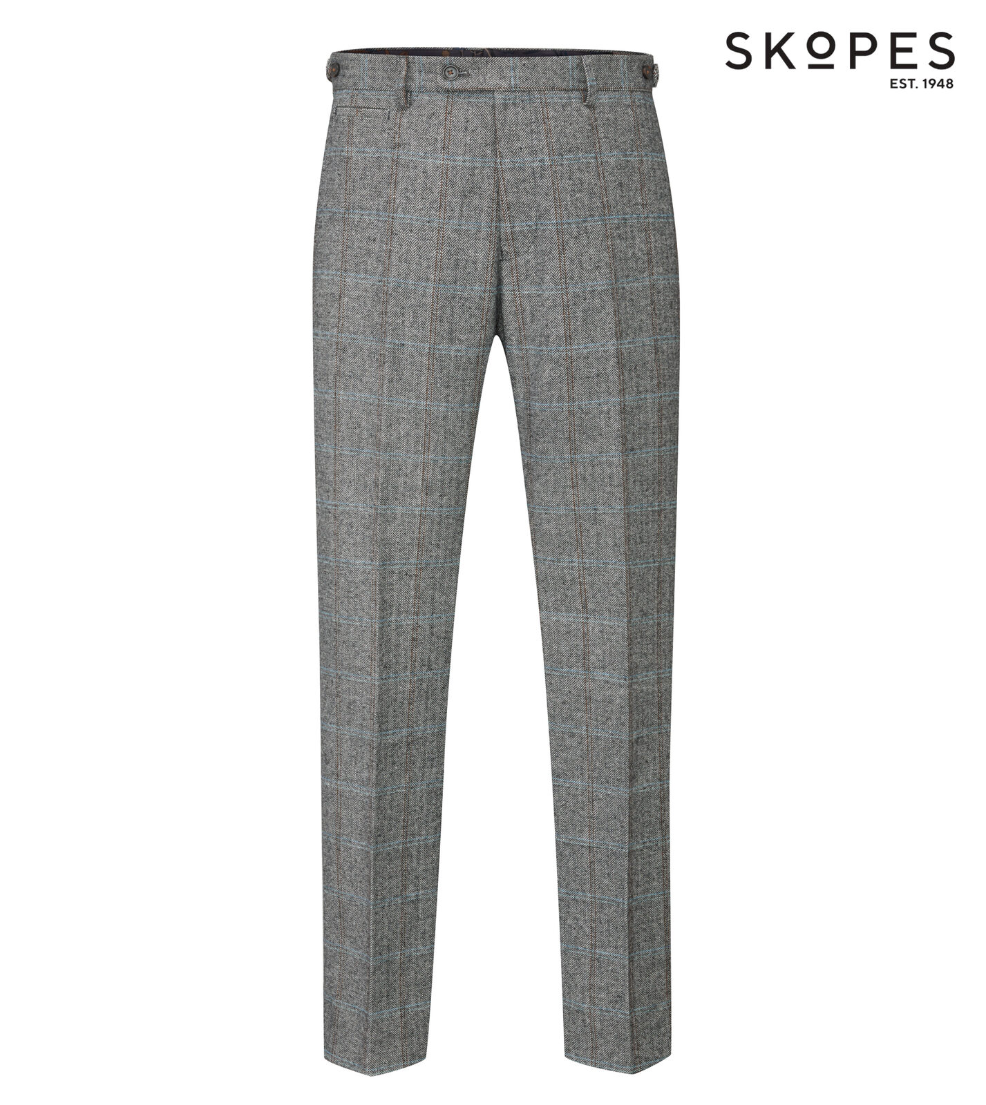 ROWAN - SKOPES WOOL BLEND HERRINGBONE TROUSERS WITH OVER CHECK BROWN