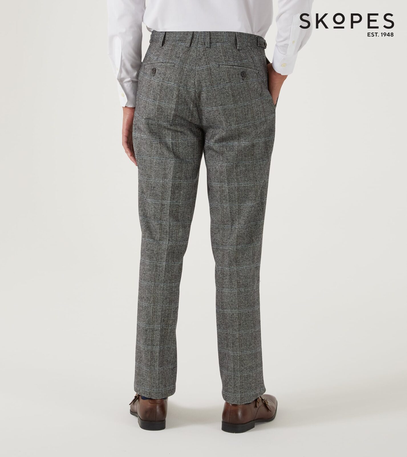 ROWAN - SKOPES WOOL BLEND HERRINGBONE TROUSERS WITH OVER CHECK BROWN