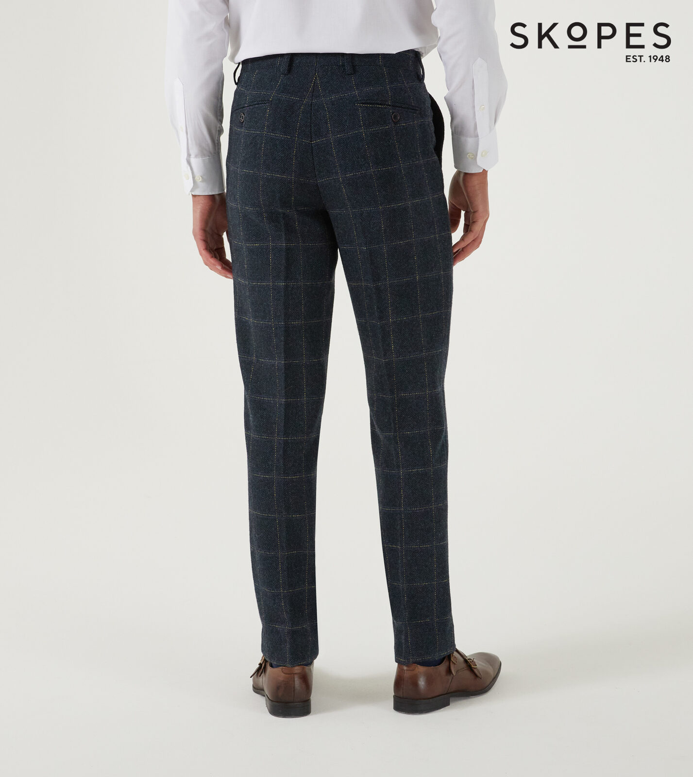 HEATON - SKOPES WOOL BLEND HERRINGBONE TROUSERS WITH OVER CHECK NAVY