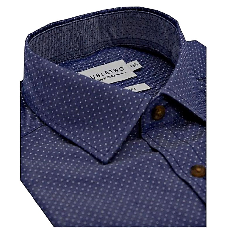 DOUBLE TWO PURE COTTON SPOTTED FORMAL LONG SLEEVE SHIRT BLUE