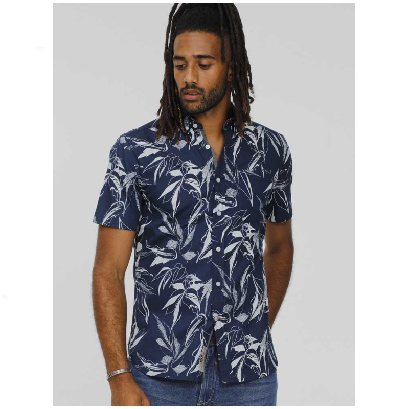 D555 Finley Mans Cotton Short Sleeve Hawaiian Shirt Navy