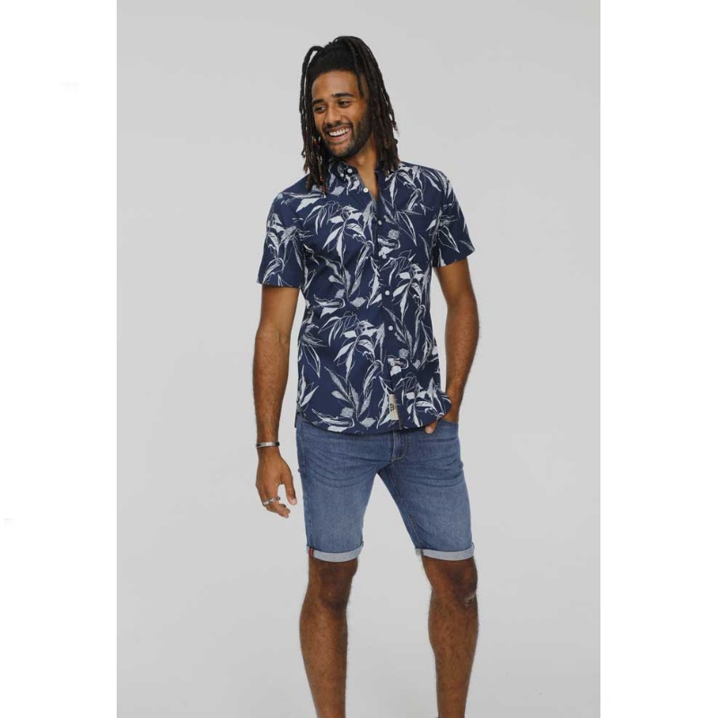 D555 Finley Mans Cotton Short Sleeve Hawaiian Shirt Navy