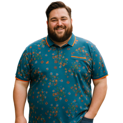 KAM ALL OVER DIGITAL FLORAL PRINT POLO WITH TIPPED COLLAR AND CUFFS BLUE -