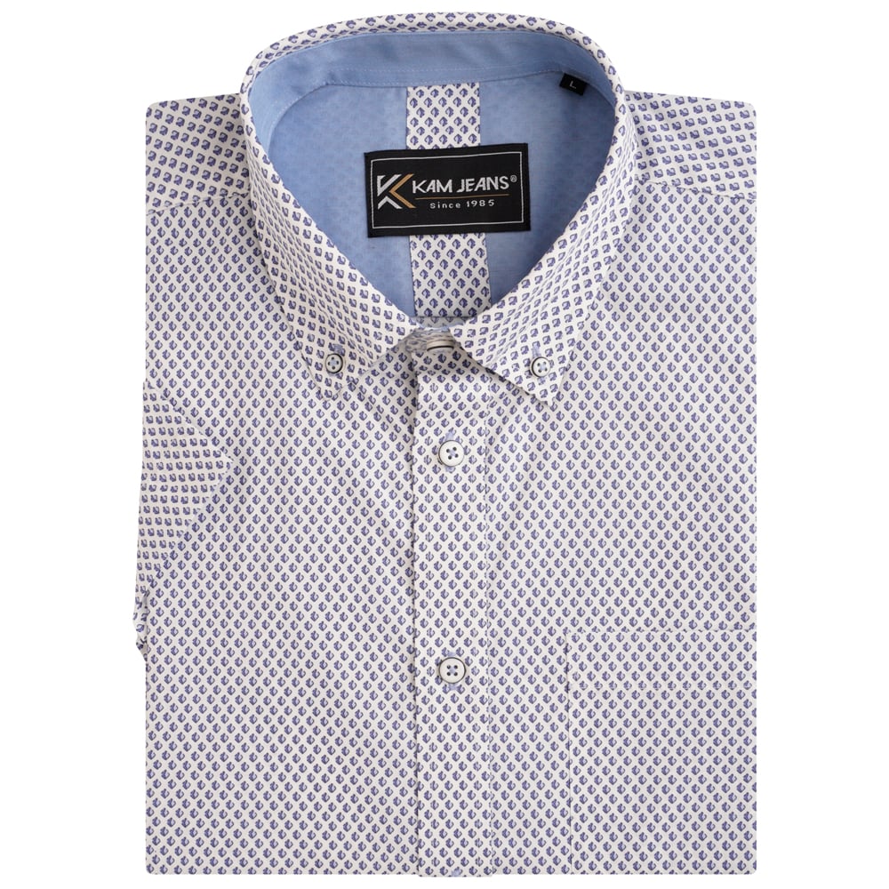 KAM ALL OVER GEO PRINT SHORT SLEEVE SHIRT WHITE / BLUE