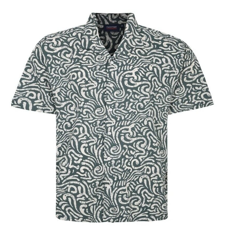 ESPIONAGE ABSTRACT PRINT SHORT SLEEVE SHIRT WITH REVERE COLLAR OLIVE