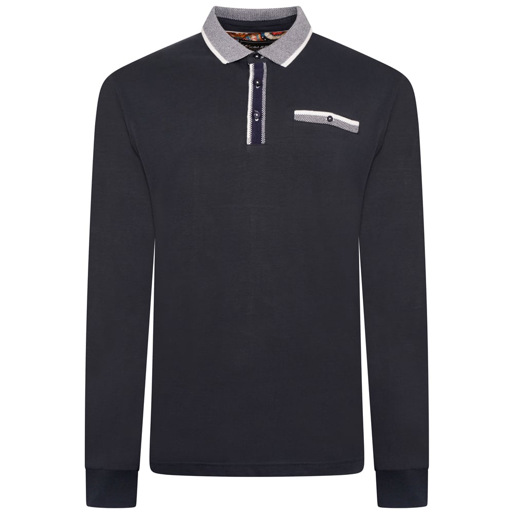 KAM LONG SLEEVE JERSEY POLO WITH JACQUARD COLLAR AND CUFFS NAVY