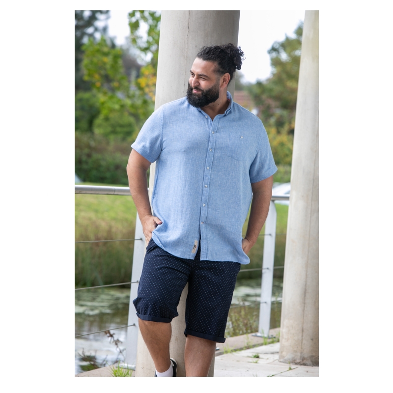 D555 CLARKE Big Mens Linen Mix Short Sleeve Shirt Blue
