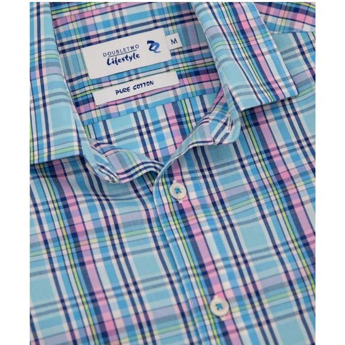 DOUBLE TWO Lifestyle Classic Check Short Sleeve Shirt Aqua DTLS1260