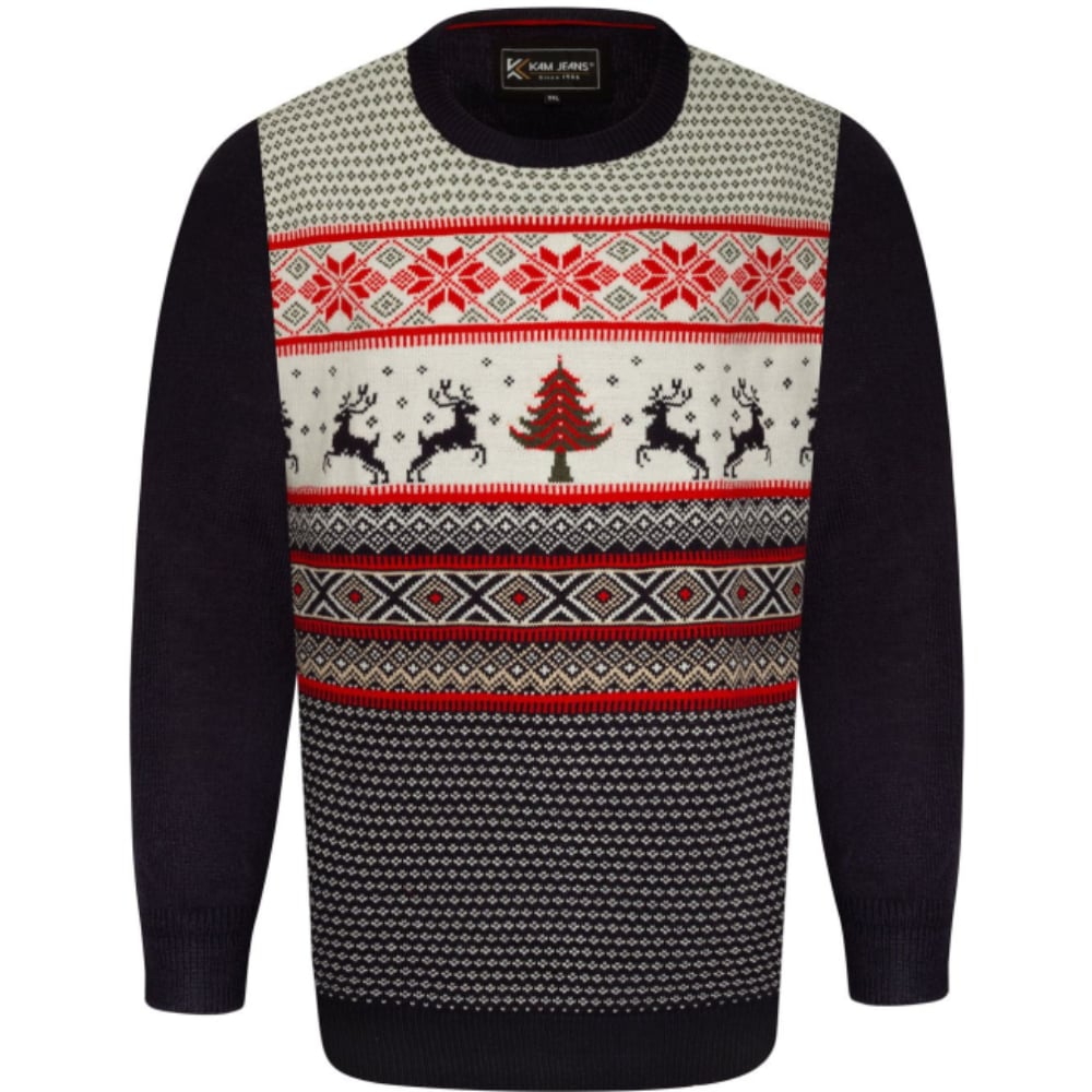 KAM Fairisle Design Reindeer Knitted Christmas Jumper NAVY X031