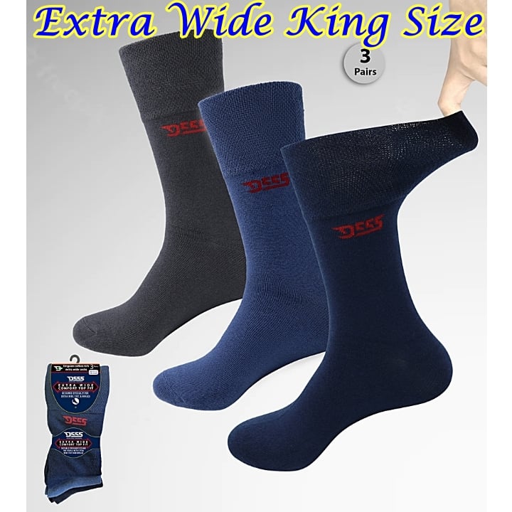 Brand New Colours - D555 HAROLD2 EXTRA WIDE FIT SOCKS WITH COMFORT TOP 3 PACK NAVY/DENIM/CHARCOAL