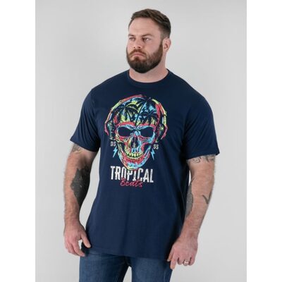 D555 LINTON Tropical Skull Printed Crew Neck T-Shirt NAVY
