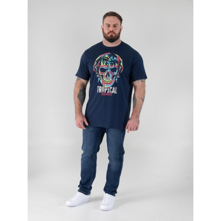 D555 LINTON Tropical Skull Printed Crew Neck T-Shirt NAVY