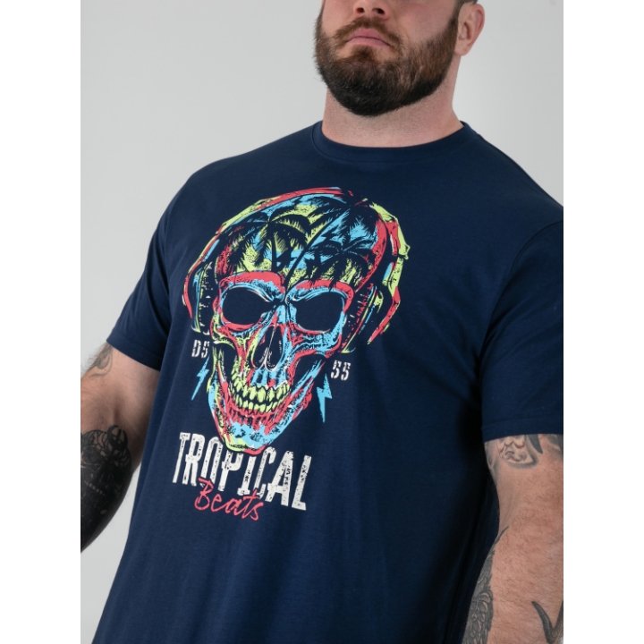 D555 LINTON Tropical Skull Printed Crew Neck T-Shirt NAVY