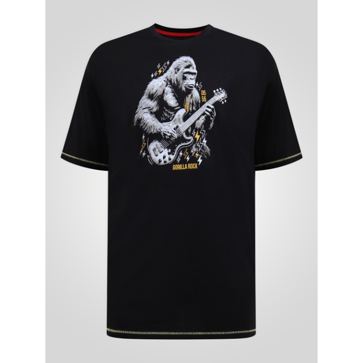 D555 MACFARLAN Gorilla Playing Guitar Printed Crew Neck T-Shirt WASHED BLACK