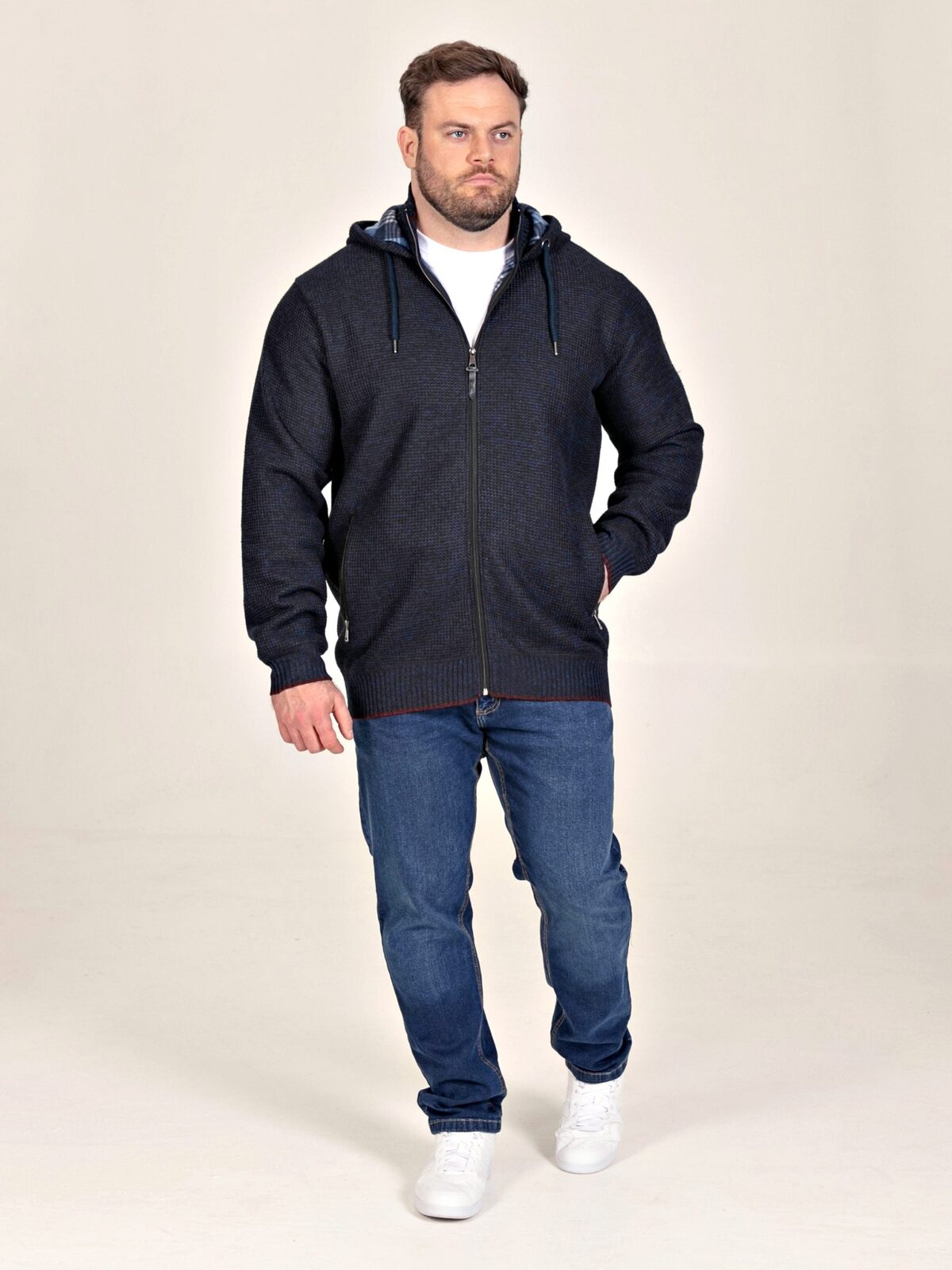 D555 Knitted Hoody with Bonded Fleece Check Lining and Zipped Lower Pockets RUPERT NAVY 802009