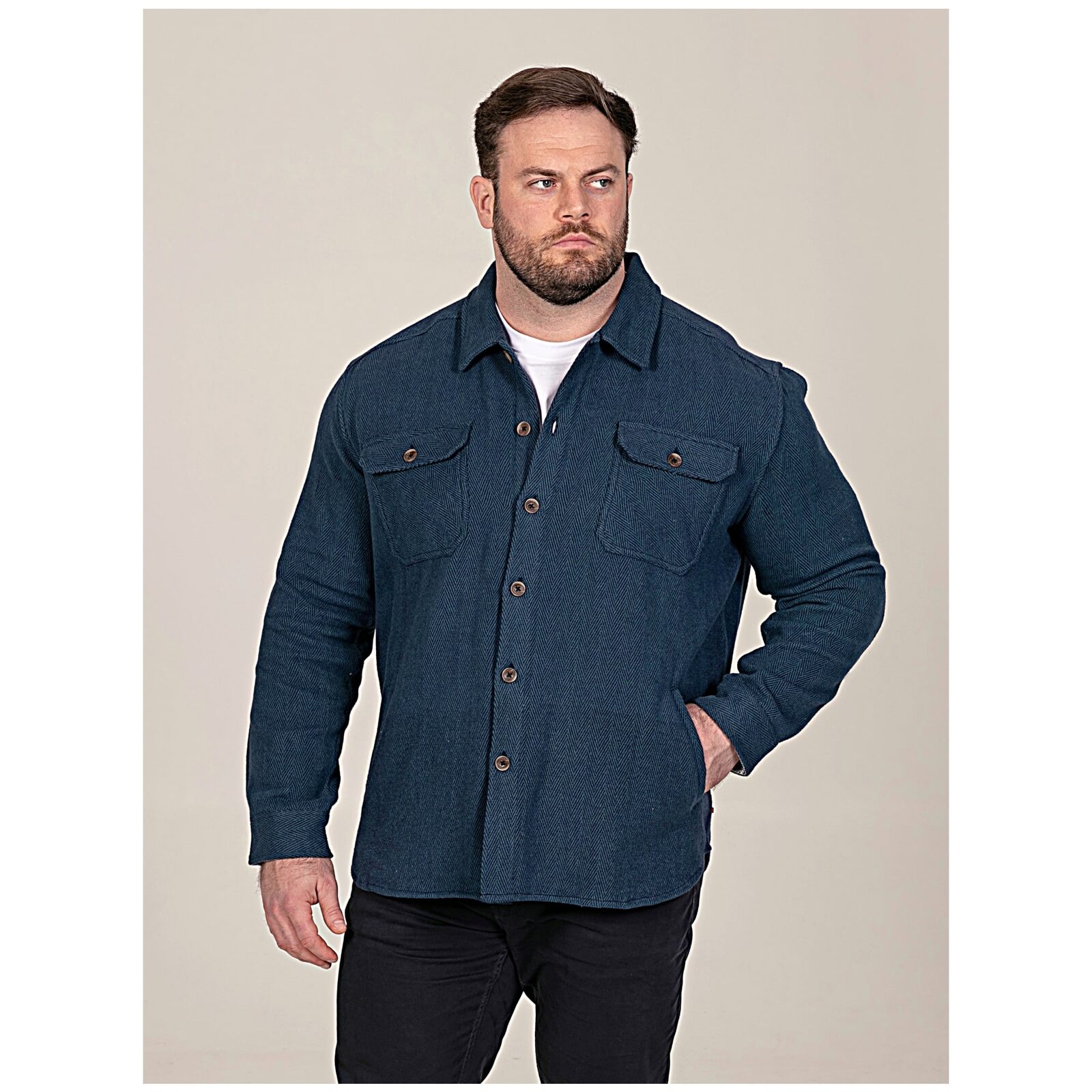 D555 LEONARD Big Mens Herringbone Over Shirt Shacket with Multi Pockets NAVY