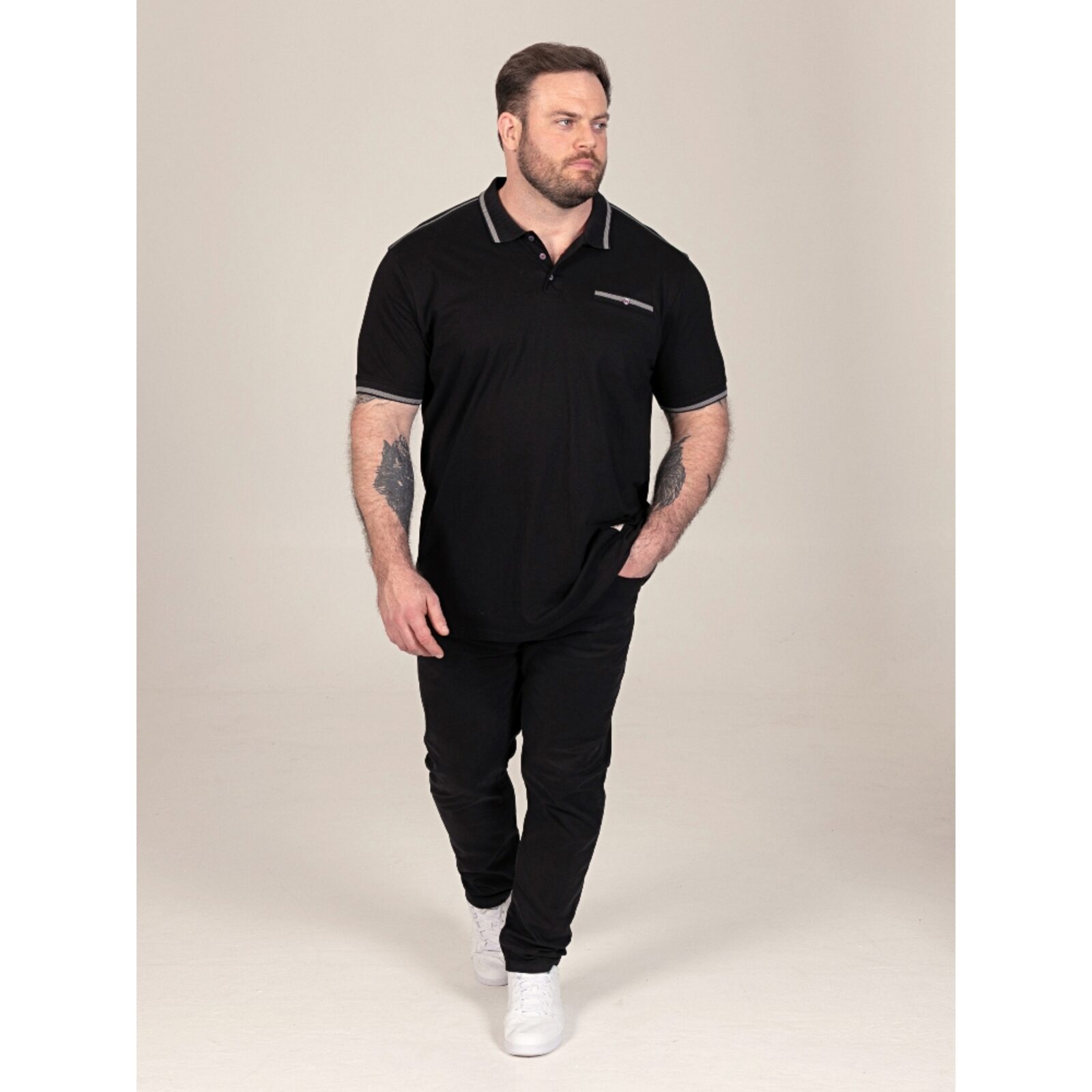D555 POTTS Jersey Polo with Jacquard Collar, Cuffs and Shoulder Panel BLACK 612003