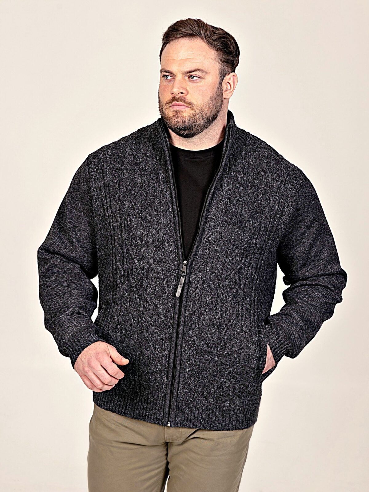 D555 Big Mens Cable Knitted Sweater With Full Zip and Bonded Check Lining EAMON CHARCOAL 802002