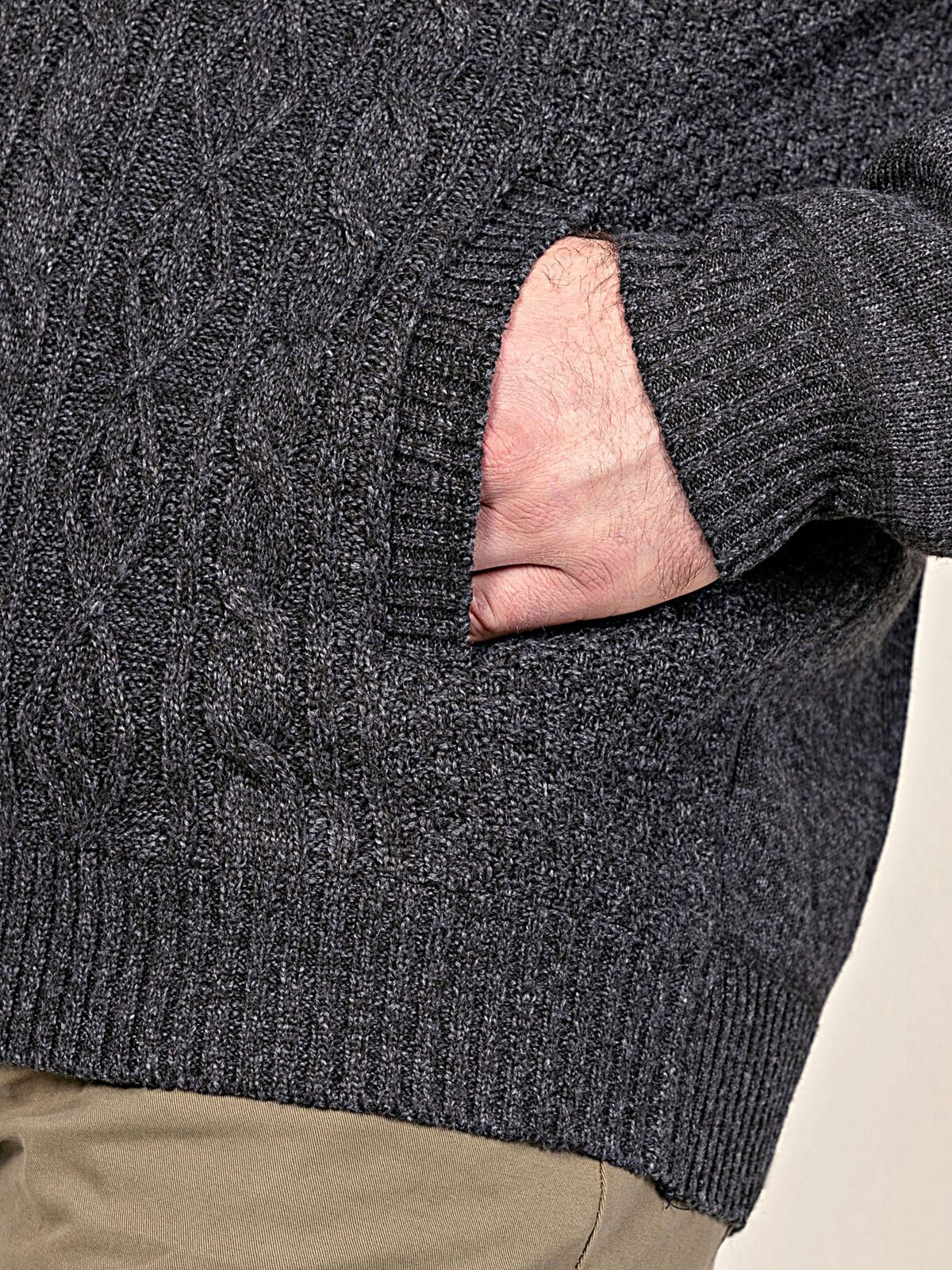 D555 Big Mens Cable Knitted Sweater With Full Zip and Bonded Check Lining EAMON CHARCOAL 802002