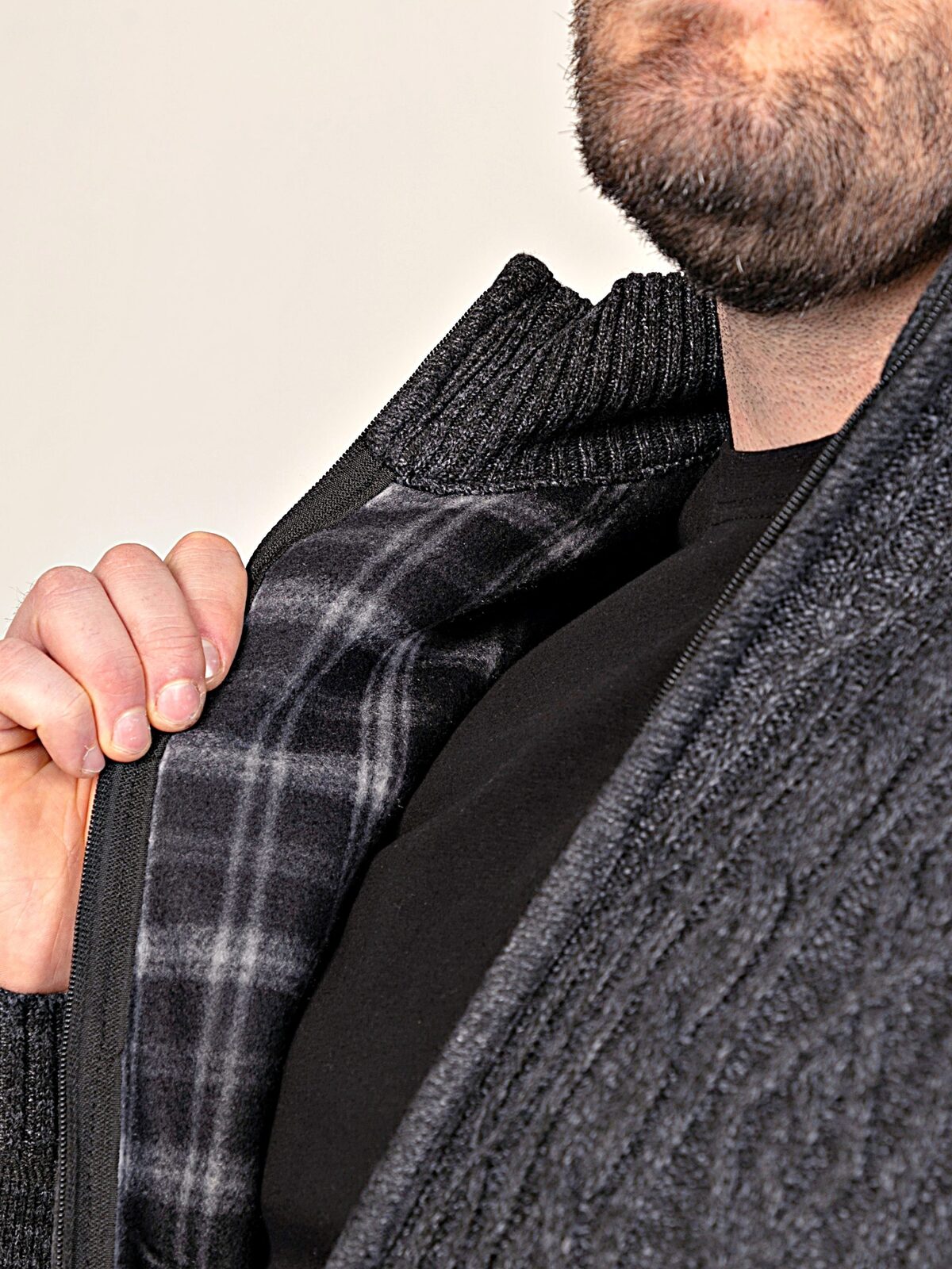 D555 Big Mens Cable Knitted Sweater With Full Zip and Bonded Check Lining EAMON CHARCOAL 802002
