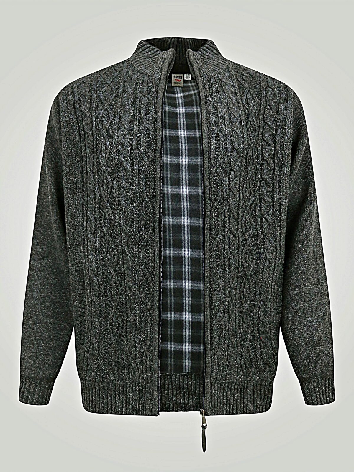 D555 Big Mens Cable Knitted Sweater With Full Zip and Bonded Check Lining EAMON CHARCOAL 802002