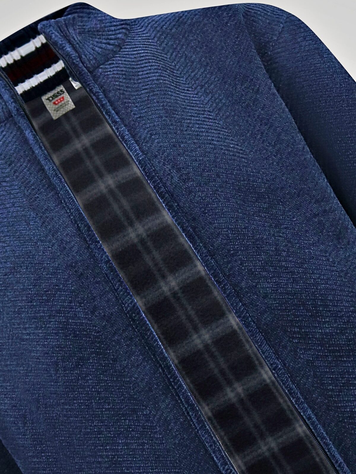 D555 Big Mens Chenille Knitted Herringbone Zip Through Sweater with Bonded Check Lining NAVY TRAVIS 802005