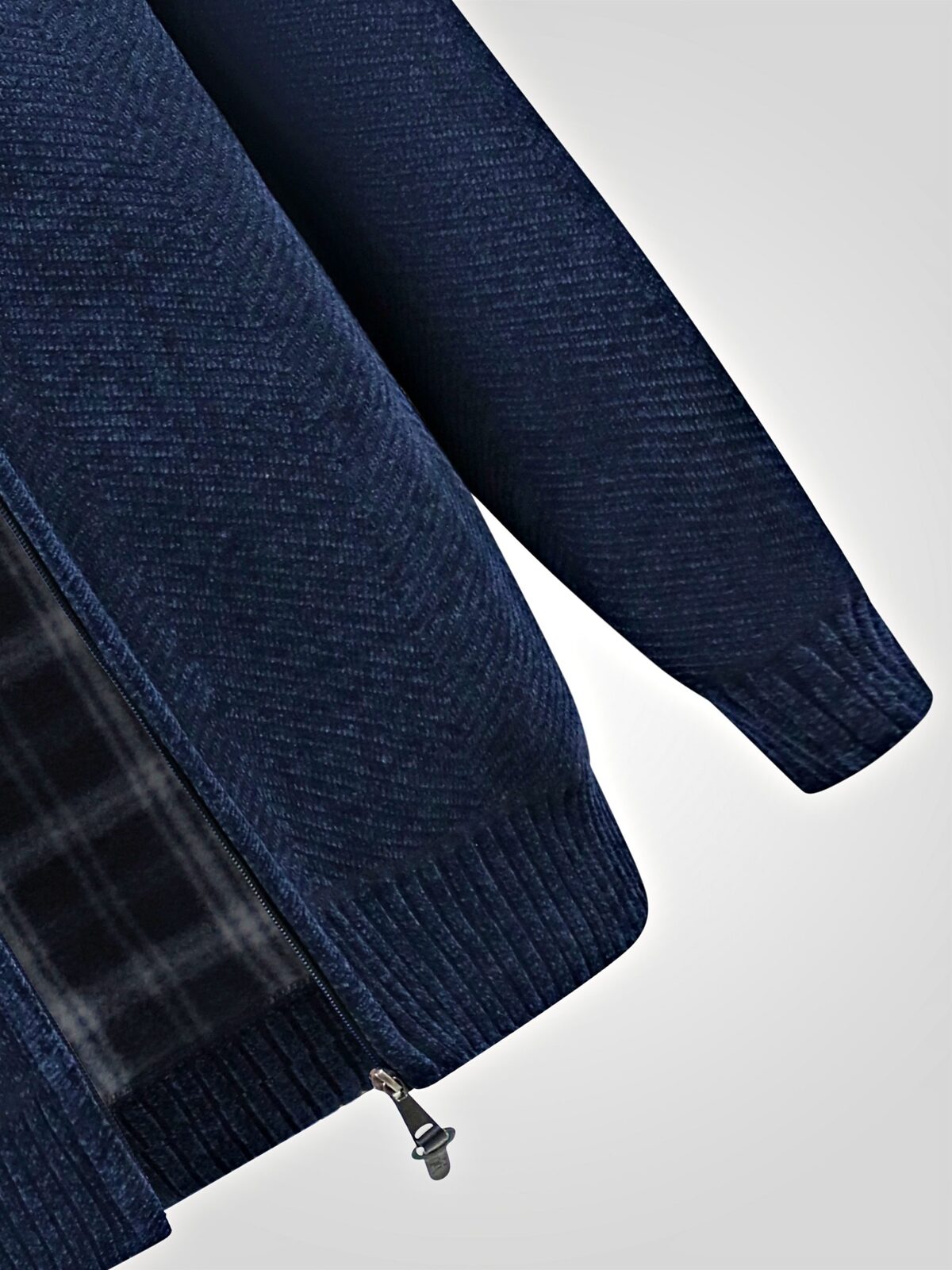 D555 Big Mens Chenille Knitted Herringbone Zip Through Sweater with Bonded Check Lining NAVY TRAVIS 802005