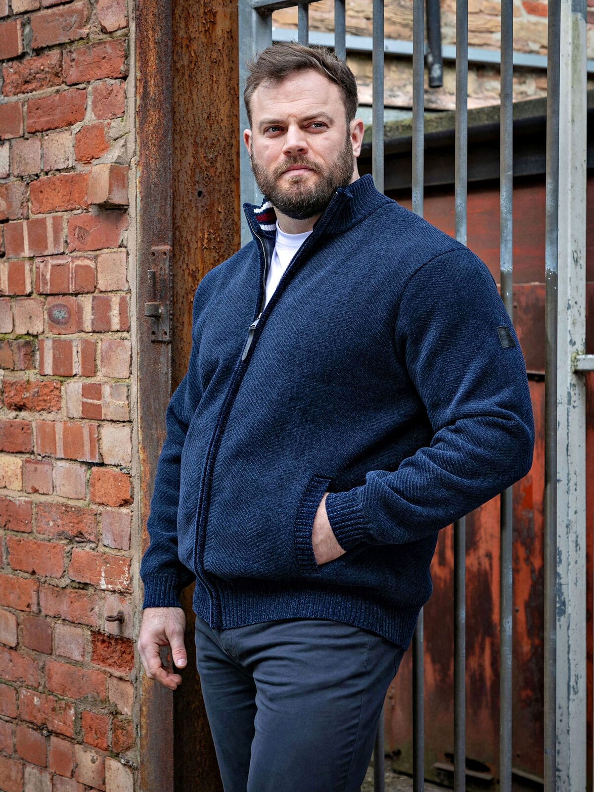 D555 Big Mens Chenille Knitted Herringbone Zip Through Sweater with Bonded Check Lining NAVY TRAVIS 802005